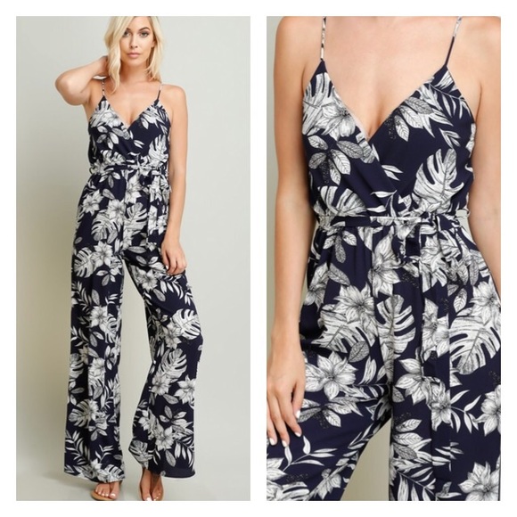 Navy and Tan Floral Jumpsuit - Picture 2 of 3
